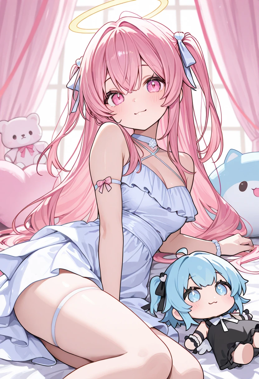 (miniature woman in front of a giantess breasts: 1.2), (miniature woman in front of the breasts of a giantess: 1.2), a giantess looming over a minigirl on a bed, (miniature woman on a tiny blanket in front of a girl: 1.1), (princess bed: 1.2), (2girls:1.8), (giantess:1.2), (size difference: 1.2), (height difference: 1.5), (bra:1.2), (minigirl:1.5), (mature adult teenage girl: 1.5), scared, happy, >:D, (looking down at a girl: 1.1), (looking up at a giant: 1.1), blushing, anime style 4 k, beautiful anime portrait, very detailed, simple colors, pastel, (vibrant and aesthetically pleasing), (a woman with a fragile build: 1.1), (smooth shiny skin: 1.1), (absurdres:1.1), (huge breasts with cleavage:1.3), (tall girl:1.4)
