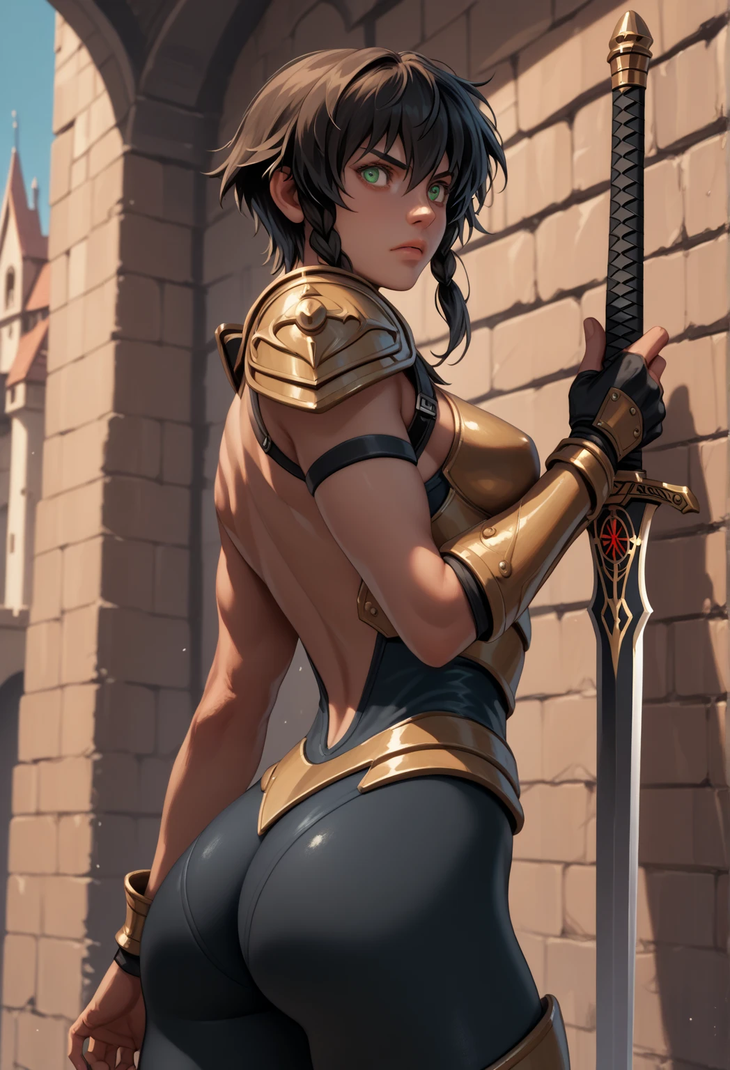 (high resolution, pixel perfect, gorgeous illustrations), (hyper quality, muste piece, etheric: 1.4), (((cowboy shot))), face focus, ((1girl)), (((Androgynous))), ((((looking back, open stance)))), cool atmosphere, black hair, ((((ponytail)))), (((Exquisite face, orgasm))), blush, ((female)), (ideal ratio body proportions, slender, flat chest), (((armor, thong))), sweat, shiny skin, gleaming skin, simple background,