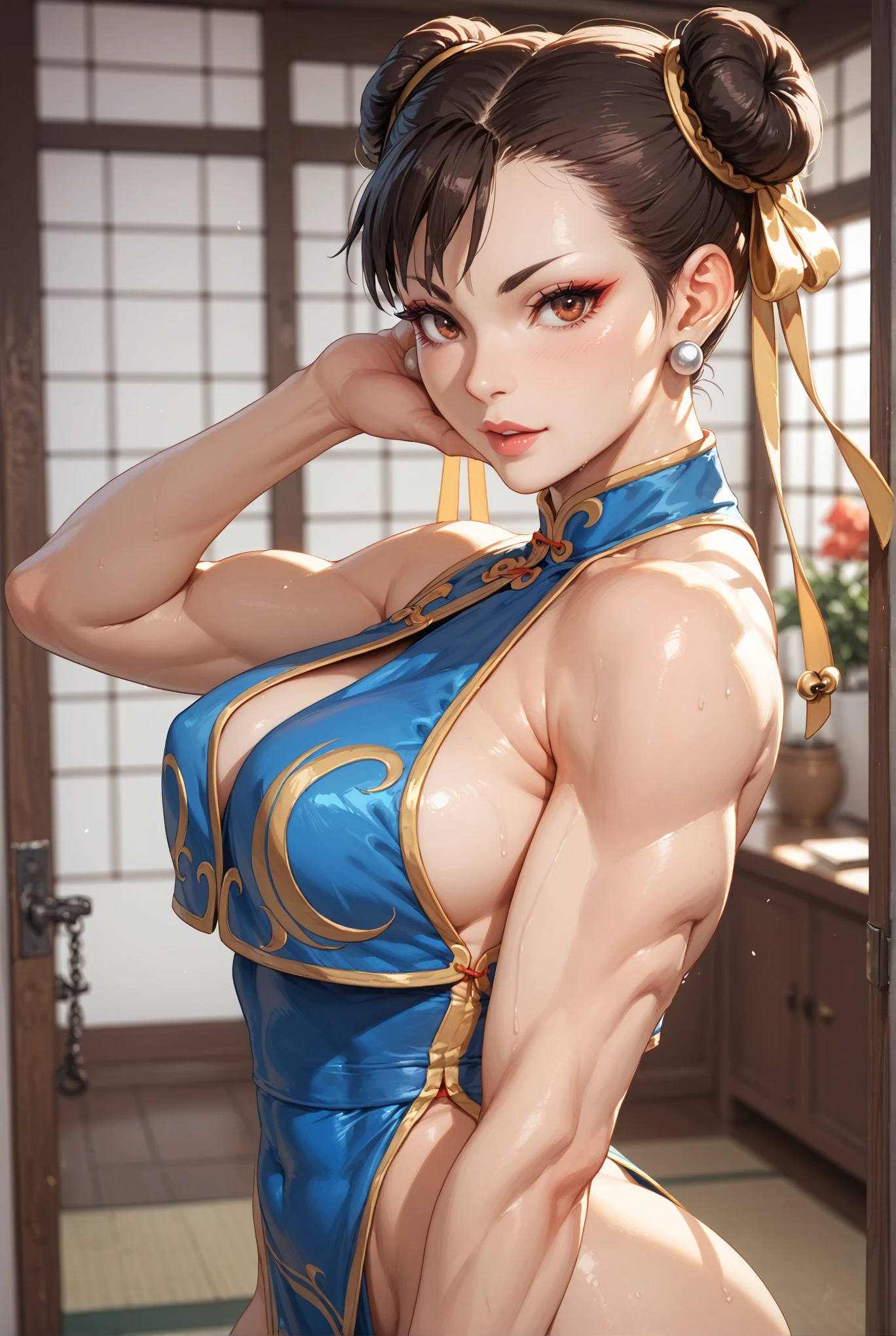 chun li belo corpo,mulher jovem,short black hair , badass , colan,May,coxas torneadas,Evil Smile,juri han,chifres de cabelo,detalhes do corpo,low yellow lighting,raios de luz belo corpo detalhado