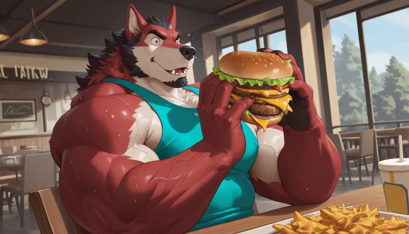 Male, solo, anthro, (Wolf O'Donnell), pizzaria, feeding, feeder, feedee, shoving food in mouth, gainer, gainerart, anthro, older male, relaxed expression, happy expression, brown chest fur, buffet restaurant, buffet line, wearing pants, brown jeans, bursting out of clothes, pants pulled down, one eye black eyepatch, torn clothing, ripped, tattered, raggedy clothes, massive bulge, (tenting(pants)), (outstretched pants), (male genitalia outline(pants)), erection, (fully-erect), food in background, pizza, doughnuts in background, plies of food, plates, lazy, slob, stained fur, stains, detailed lighting, brown chest tuft, ruffled fur, musclegut, belly, beer belly, (overweight:2.5), sitting in a booth, framed pictures in background, beer, drunk, intoxicated, focus on belly, stuffed, full belly, weight gain, obese, muscular arms, detailed belly, detailed hands, attractive, body hair, (detailed genitals), (hairy chest), facial hair, scruff, ruffled fur, (detailed genital outline), snout, long snout, teeth, perfect eyes, mature male, parent and son, incest, father figure, dad, dilf, daddy, dad bod, fangs, wide waist, broad shoulders, strong thighs, canine teeth, white teeth, detailed hands, big bulge, detailed crotch, dramatic lighting