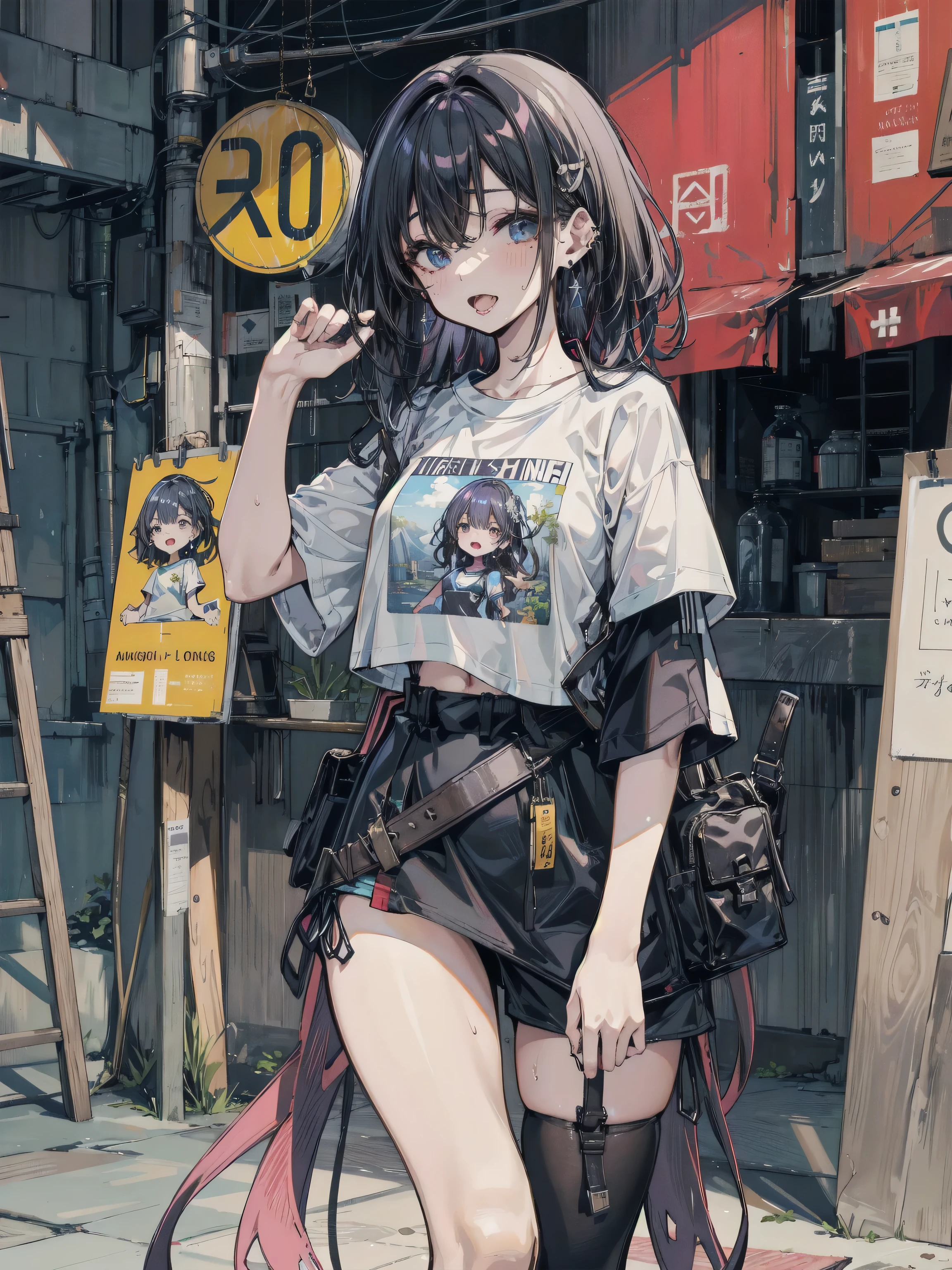 anime illustration, ((((highest quality)))), (((Ultra-precision CG 16K))), (((masterpiece))), (((Very detailed))), (((Extremely detailed))), (((Black outline:1.3, Written boundary depth:1.3 , Written soft outline, sharpness))), Maximum clarity and sharpness, Multilayer Texture, Surface Shading, Cinematic lighting, Beautiful details sparkle ,Perfect Proportions, Limited to one woman, BREAK accurate, Anatomically correct, Highly detailed face and skin texture, drawn in detail, Highly detailed facial and skin texture, Detailed eyes, beautiful hair, Beautiful Japanese Idol face, Beautiful and beautiful eyes, Beautiful body, Beautiful breasts, Beautiful thighs, Beautiful legs, Beautiful fingers, (Beautiful views) , skinny body, ((Beautiful Skin)), ((Skin Texture)) BREAK breast enlarged, medium Breasts, rocket breasts, (((perky breasts))), ((drooping breasts)), slender waist, ( narrow eyes, smiling, blush, determined expression, sweaty , Heavy breathing,) , (streaked hair, hair intakes, colored inner hair, ) BREAK (((wearing oversized printed sexy tops , wearing wide-leg-pants, breasts is covered by outfit))) , wearing earrings, (((tanned skin, tan lines))) , BREAK ( stick breast out, bending over, professional dancer on stage under the blue sky ),(((looking at viewer, super detailed background , ))), BREAK (((portrait , close-up of face, bust-up shot, looking at viewer, )), (natural make), random angle, random situation , pinup magazine pose