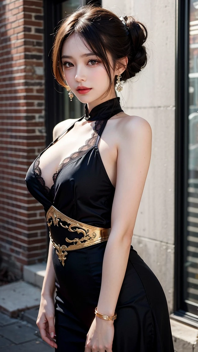 (masterpiece, best quality, extremely detailed 8k, ultra hd, ultra-detailed, highly detailed, highly realistic, ultra-realistic, photo realistic), (1girl:1.5), (detailed realistic skin), (realistic big breasts), (sexy lipstick), slender abs, Female knight in sexy clothes, wearing sexy armor, wearing pantyhose floral motif, the thin clothes on the chest are also open showing a lot of cleavage, the chest is big and Solid, big thighs, showing the whole body, slim waist, hair tied back, serious facial expression targeting the enemy, elegant, erotic, wearing a flowing black scarf, h cup bust size, very big boobs, cleavage, background korean city at night