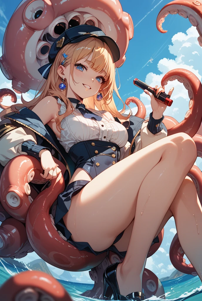 Fat,,Weight 90 kg,Fat,nipple,small breasts,Red Ahoge,masterpiece,Elementary school student 9 years old girl,alone,long hair,light blue hair,off shoulder:1.2, black captain hat,pirate ship,put your hands on your hips,naked pussy naked nipples smiling smug、brat,spread your legs,Red pattern,Man juice dripping,red short skirt showing pussy,Standing picture,black stockings,octopus,tentacle,thrust into two crotch holes,無数のtentacle,tentacle巻き付く