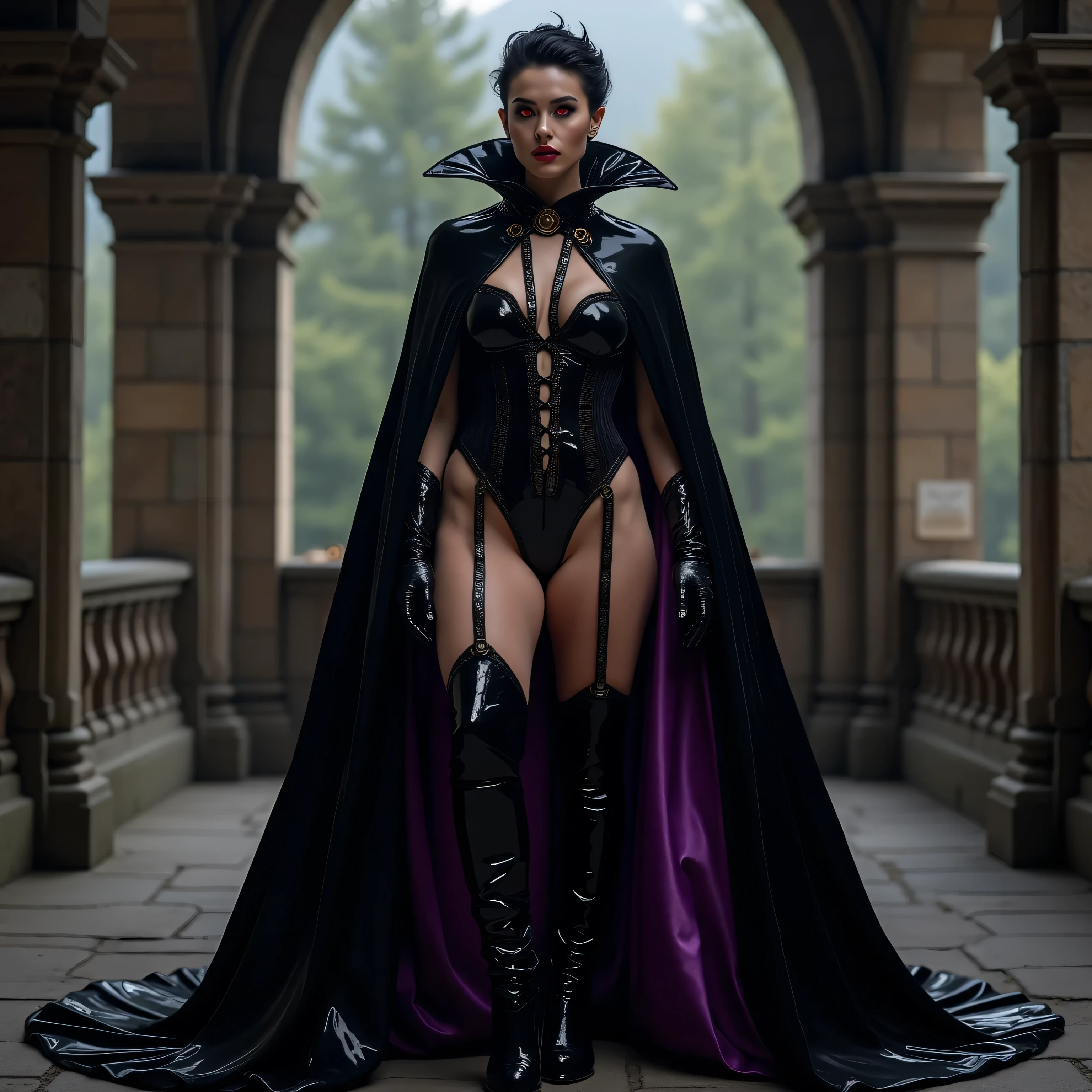 Serious and powerfull bettie page ,she wears a long, and large very aristocratich and cloak of medieval black cloth , high knee boots and long black gloves, walking in the courtyard of her castle checking the military guards,, 8k, RAW photo, best quality, depth of field, ultra high res:1.2),, the photo is from above