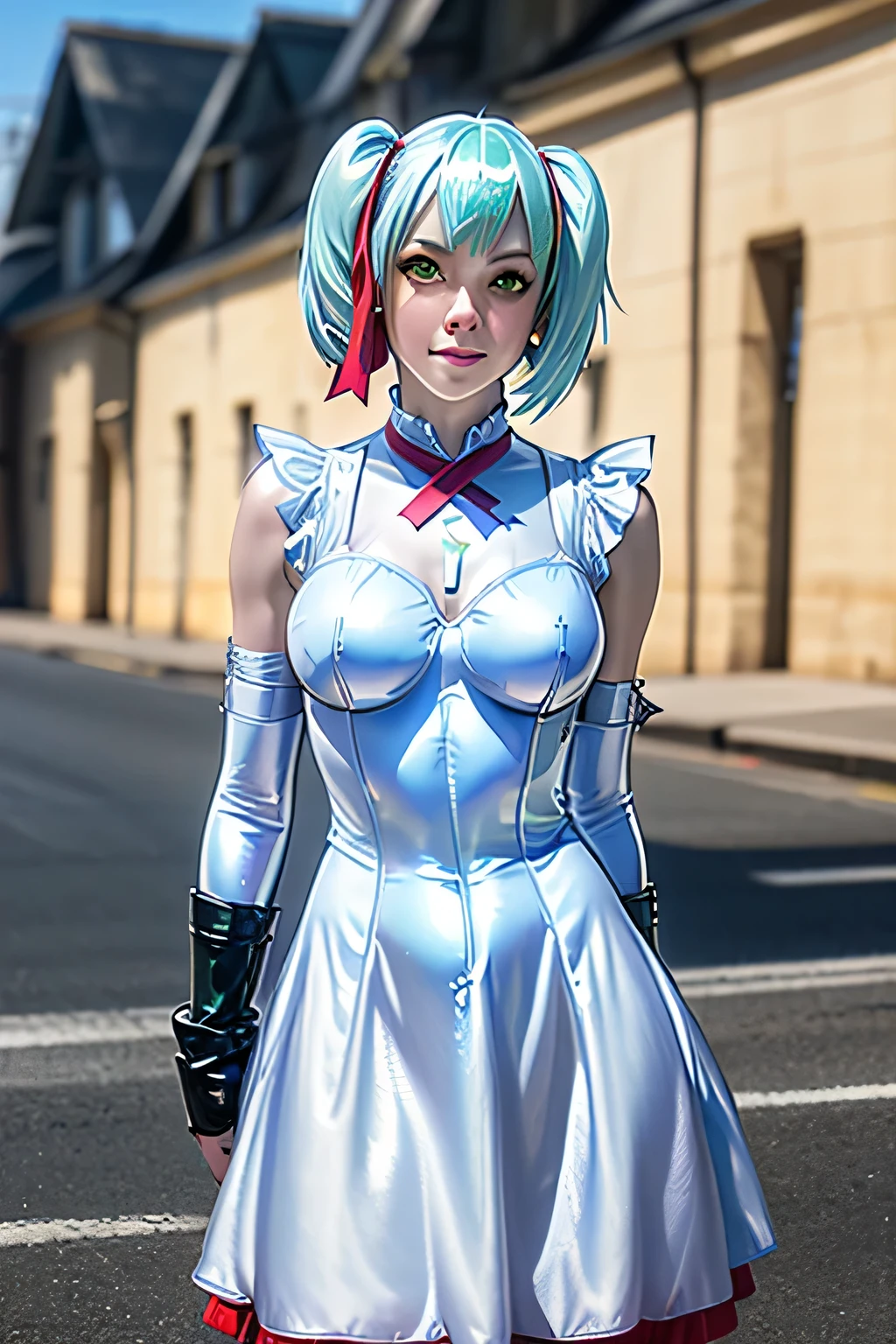 Beautiful woman is shown to have a athletic figure, she is wearing a beautiful nsfw dress, (aafranziska, light blue hair:1.5), ascot, (topless, nsfw, exposed breasts), puffy sleeves, pencil skirt, pantyhose, black gloves, jewelry, earrings, (black bunny ears:1.4), black lips, (thin black blindfold:1.7), (tears, crying:1.4), closed mouth, girl standing in street, (looking down:1.4), sexy session, (arms behind back:1.7), exposed cleavage, (abs), cowboy shot, facing viewer, superior quality, many details, realistic