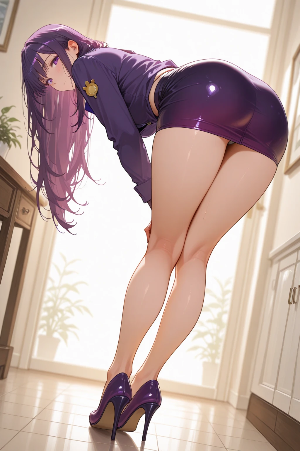 ((Best quality, masterpiece, 4k, best anatomy)), cute elf girl, (violet hair), ((very long hair)), perfect face, (yellow eyes), ((naked)), (()), ((flat chest)), ((21 years old)), skindentation, extreme detail, attractive angular face, red lips, pink nipples, glossy skin, detailed hair, full body, close-up chest, ornamental gold necklace, gold earrings, ((1 girl)), embarrassed expression, innocent smile, (high heels), sitting, long legs, ((slender)), blush, ((thigh-high socks)), anime girl, 3d rendering, (perfect face), ((correct face)),