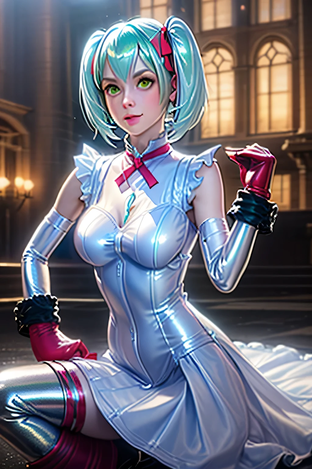 earrings, braided ponytail, puffy sleeves, gold trim, gloves, bodysuit, breast curtain, shoulder cutout, covered navel, hip vent, clothing cutout, tassel, (luxury livingroom background), ShenheV4, anime cels style, best quality, high resolution, 1girl, (huge breasts:1.2), beautiful face, grey hair, long hair, hair ornament, hair over one eye, blue eyes, cowboy shot, smiling