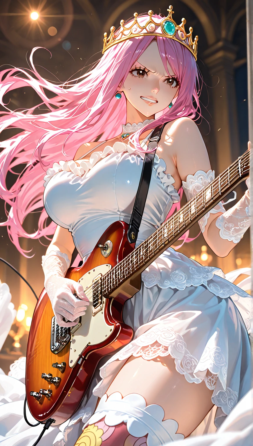 (Masterpiece:1.2), (best quality:1.0), (super fine:1.0), (16k:1.0), (incredibly absurdres:1.0), (extremely detailed:1.0), (delicate and dynamic:1.0), (perfect anatomy:1.0), (cute and beautiful pretty girls:1.0), official art, official style,
(Tall woman:1.2), (Nasty smile:1.0), (mean smile:1.2), (steam:1.0), (blush:1.0), (half closed eye:1.0), (sanpaku:1.2), (slit eyes:1.0), (eyes are smiling:1.3), (smiling or laughing eyes:1.3),
(see-through white Lingerie slip:1.5), (lace bra, panties and garter belt:1.0), (guitar playing:1.0), (sweaty:1.0), (superb playing technique:1.2), (Dark live stage:1.0), (Pale pink spotlight:1.0),