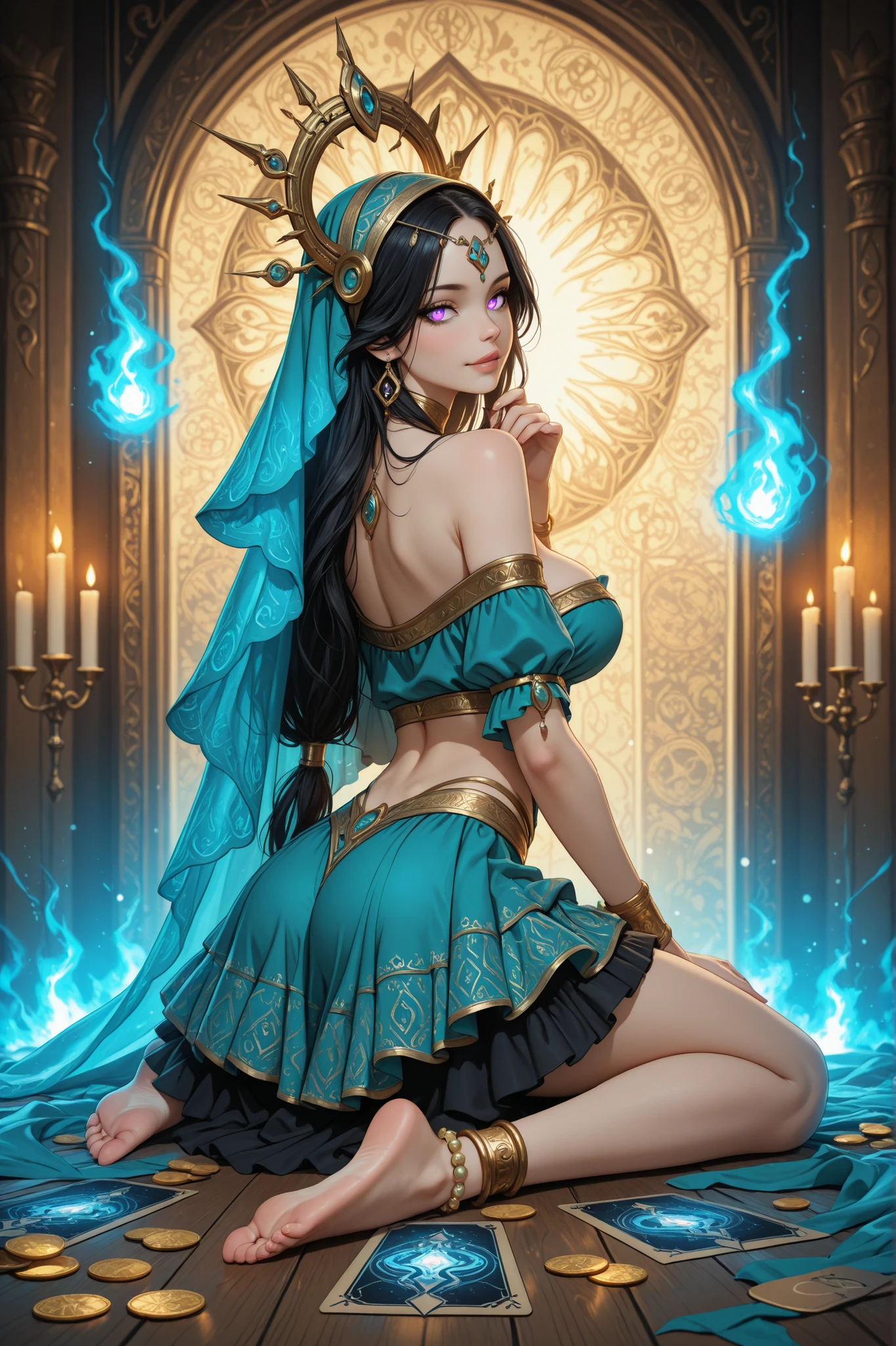in a panoramic view,sportrait,photorealestic,Cyberpunk style,3girl,Belly dancer,Dress in traditional luxury Arabian belly dance costumes,High-tech decorations,choker necklace,Bracelet,Anklets,Barefoot,Luxury headscarf,Luxurious veil,masked,Mouth balls,Only the eyes are exposed,Dance,In front of ten masked and luxurious Arab beauty noblewomen,Inside a traditional luxury cybertech-style tent,tapestry,Carpets and high-tech equipment,Perfectcomposition,professinal,Meistwick,commissioned,best qualtiy,color corrected,After fixation,Retouching,Improvement,Epic,Tone-mapping,the detail, highly detailed, digitial painting, art stations, Conceptual map of the long dam, Smoothness, Sharp focus, Beautiful illustration, photore, The light from the back window is backlighted, 动态照明, Mist, 复杂, cinematic grain, professinal, face to the viewer,(Beautiful m3d_woman, Perfect M3D_face,), Volumetriclighting, subsurfacescattering, Good highlights, Good shadows, cinematic ligh --auto