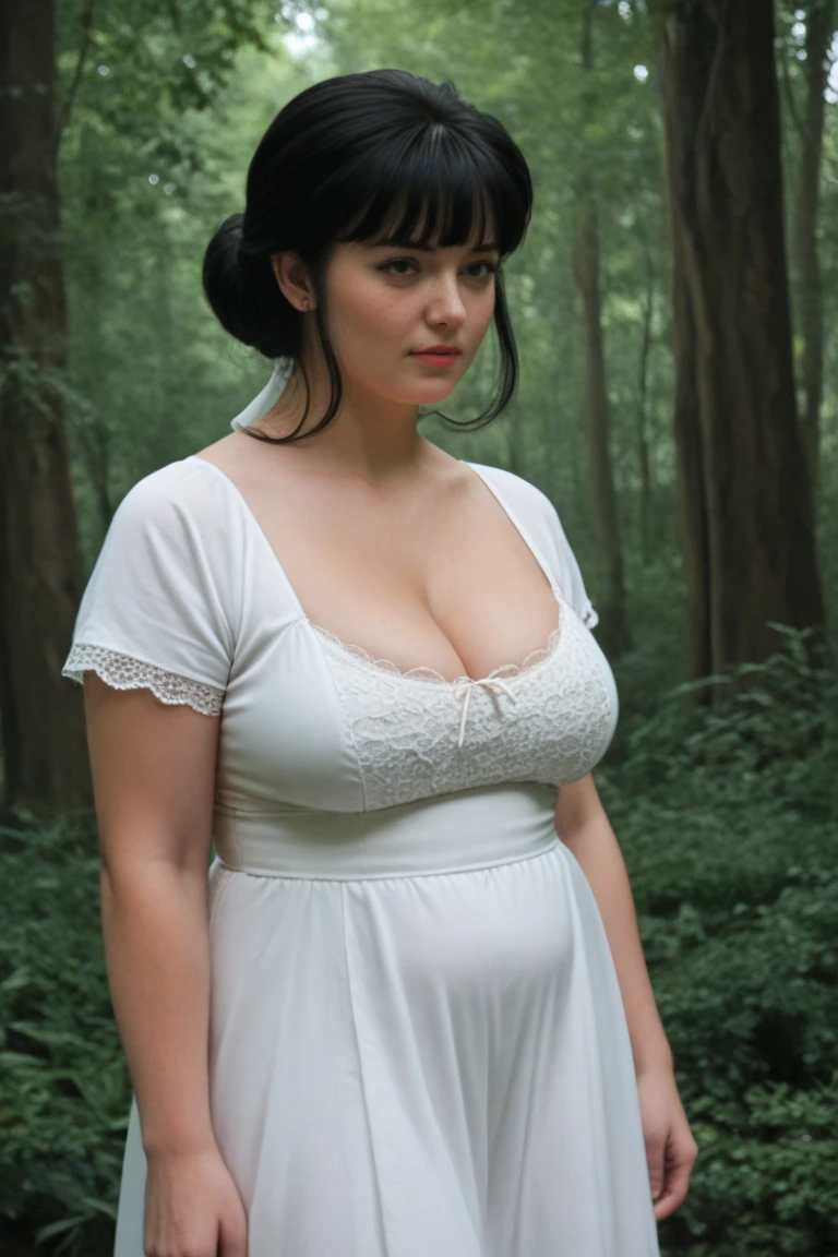 analog 35mm photo of an attractive vampire dragonslayer, warrior, knight, (80s dark fantasy, Labyrinth 1986, Excalibur 1981), (((dark lighting, dim lit, cinematic))), (midriff, huge pregnant belly, wide hips), cleavage, bursting cleavage, short hair, off-shoulder dresswear, ((gloomy forest, rain))