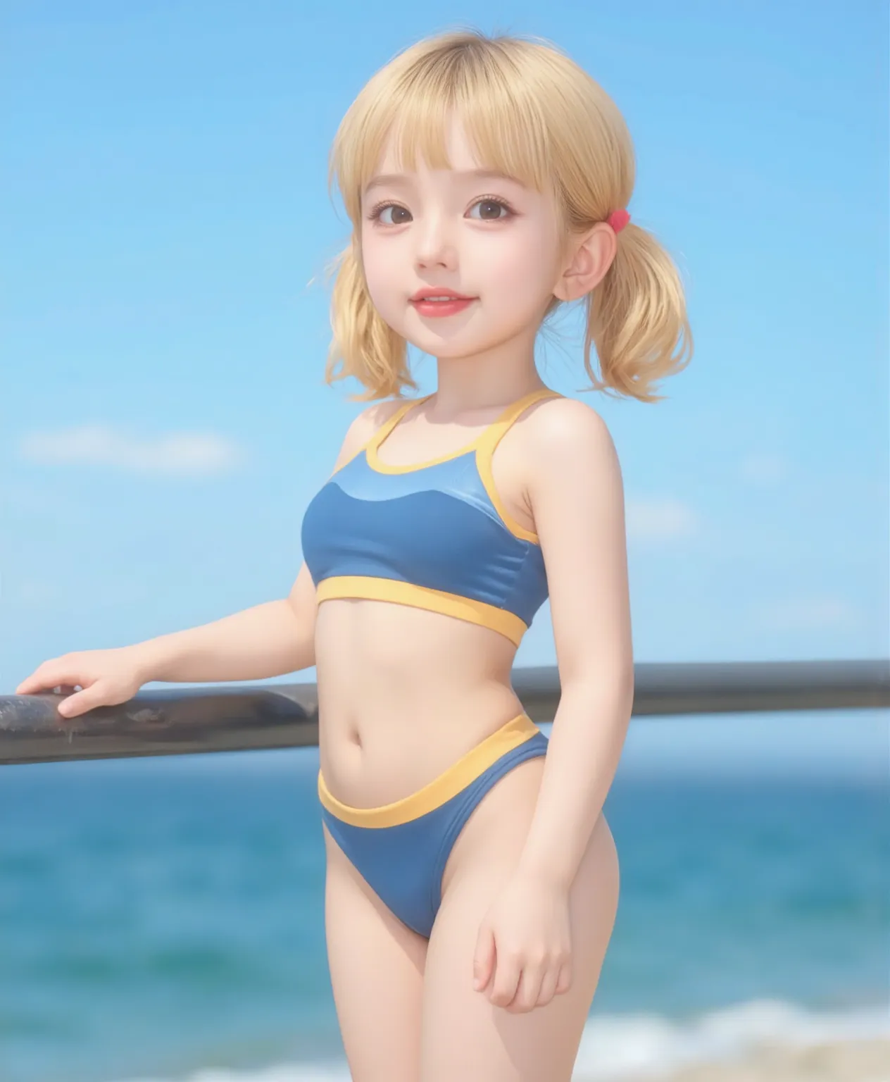 "A cute young girl with blonde curly hair and blue eyes, approximately 8 years old, wearing a blue polka-dot bikini with a small bow on the top, lies on her back with a relaxed smile and eyes closed, enjoying the warmth of the late afternoon sun on a pristine, golden sandy beach. The beach has gentle waves lapping at the shore, a few scattered seashells around her, and she is lying on a colorful beach towel with a small beach bag beside her. Seagulls fly in the clear blue sky above."