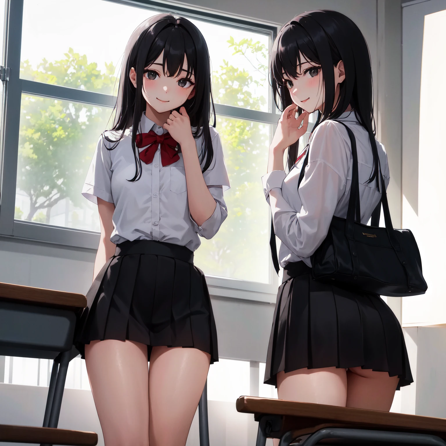 ((2 girls))、laughter、blush、shirt、のskirt、、((fun!))(small breasts)、chiralism、black hair、()、(黒いskirt:1.3)、bow, button, 襟の付いたshirt, long sleeve, マイクロskirt, プリーツskirt、(Jacket)、 skirt, socks, thighs, 白い shirt, ((classroom:1.5)),(skirtを掴む:1.5)、 (perfect hands, perfect anatomy),cowboy shot、(skirt lift:1.3),(highly detailed white panties:1.3)、(highly detailed panties:1.3)、、(skirt that rolls up:1.3)、(fully exposed panties:1.5)、