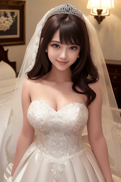 Close-up of 1 woman in white wedding dress and necklace,Bust photo,Transparent cute bridal veil, Chinese girl, Beautiful Asian Girls,  Chinese style, gorgeous chinese models, Inspired by Huang Ji, Guviz, Beautiful Korean woman, Beautiful girl model, Realistic,cute beautiful, beautiful portrait image, Ethereal beauty, Very beautiful girl,Head flower，headdress，Bandeau wedding dress，Silk dress，White dress，necklace，earring，huge tit，Neck ornaments，Deep V peach heart collar wedding dress，Liuhai，Forehead