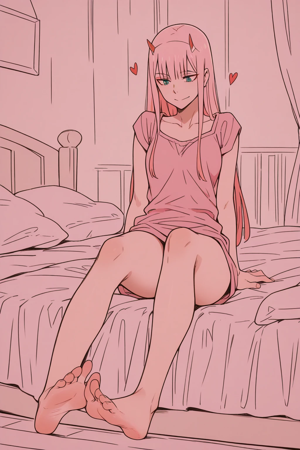 (best qualityer:0.8), (best qualityer:0.8),k hd,high qulity,1girll,Pink ponytail,Slim figure,Beds,Lie down,don't have clothes,with no underpants,Spread your legs,legs are open,syncope,Masturbation,masturbated,pubes