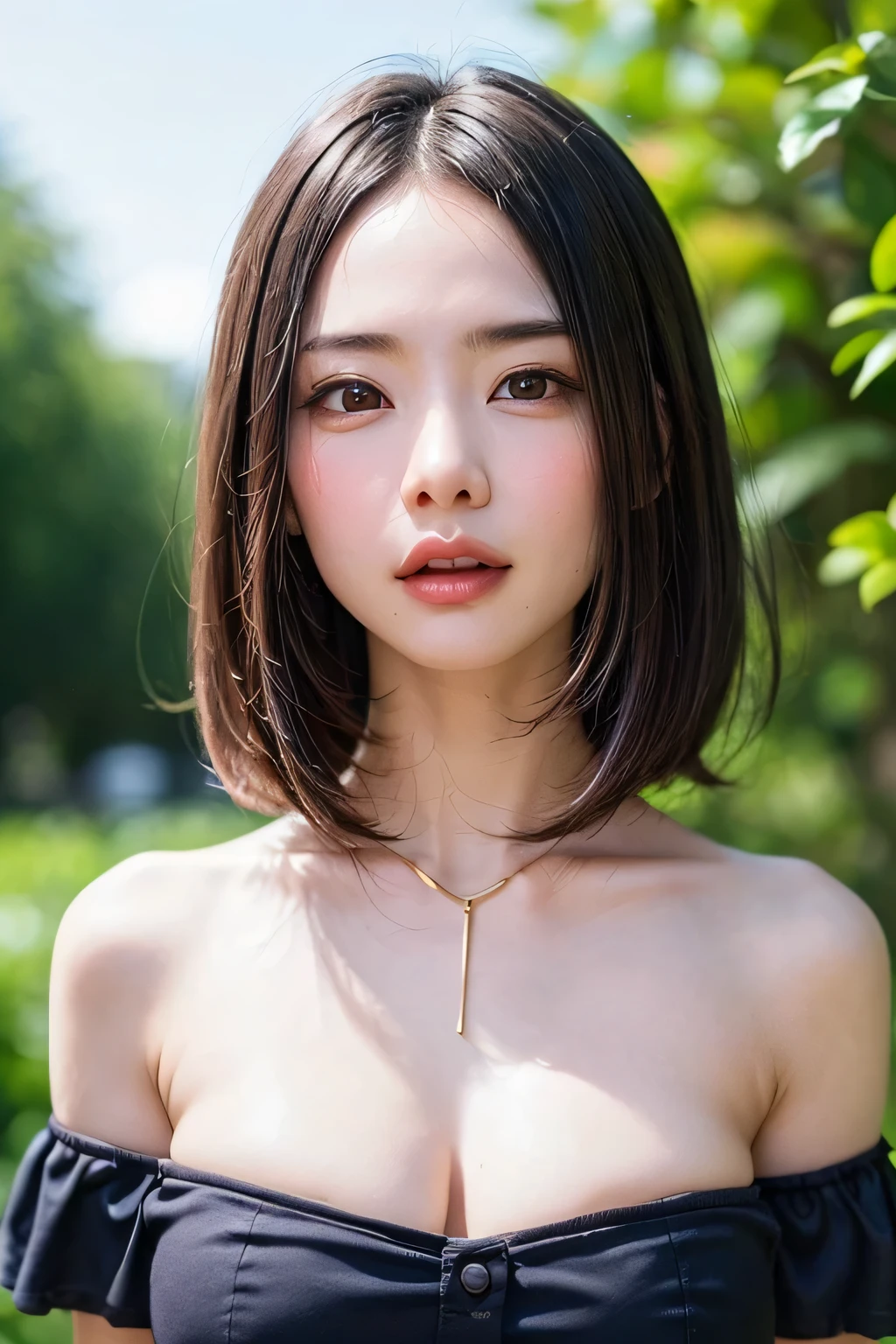 (Highly detailed CG Unity 8k wallpapers)、(​masterpiece)、(best qualtiy)、(ultra-detailliert)、(The best illustrations)、(Best Shadows)、(Photorealsitic:1.5)、(PureErosFace_V1:0.5)、Real human skin、Lens Flare、Suny、Contre-Jour、florals、depth of fields、natural soft light、Hard Focus、Film Grain、Gaze towards the viewer、女の子 1 人、21 years old、独奏、skiny、pale skin、Soft lips、(Bright eyebrows: 1.4)、Shiny brown eyes、Black very long straight hair、tiny chest、Beautiful detailed sky、Detailed West Garden (crowd: 1.2)、rays of sunshine、(blushed nose)、beatiful detailed eyes、((Upper body naked))、Dark red pleated skirt、espadrilles