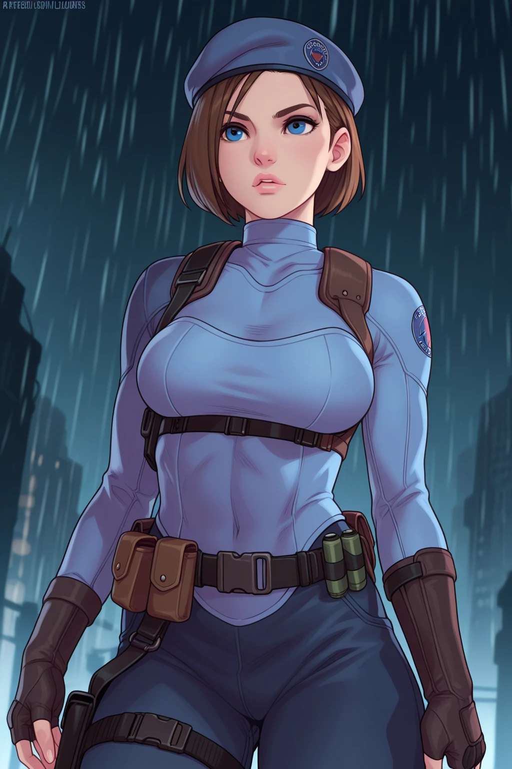 Clay Mann, woman, solo, policewoman, police uniform, glasses, covered nipples, holsted gun, red hair, bob cut, short hair, walking, night, detailed, masterpiece, absurdres, best quality, cowboy shot