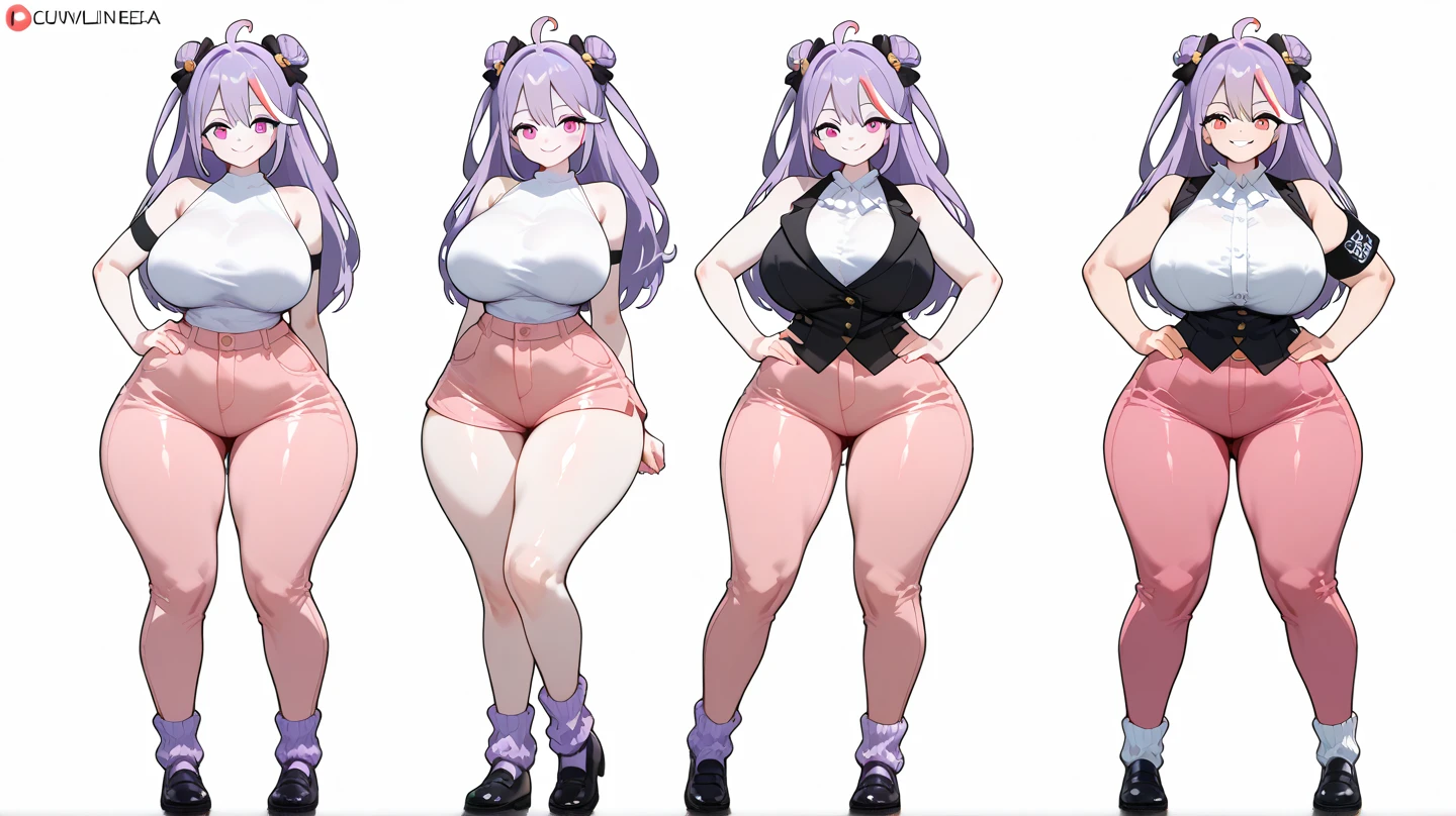 (CHARACTER ROTATION LIST:1.3), multiple views, Bright (Plain green background:1.3), 1girl ,pawg, 1girl, Bosnian woman, in a T-shirt with an abstract pattern, overlapping shapes and vibrant colors., Average Breasts,, purple hair, Masterpiece, Best Quality, High-heeledshoes, thights, full - body