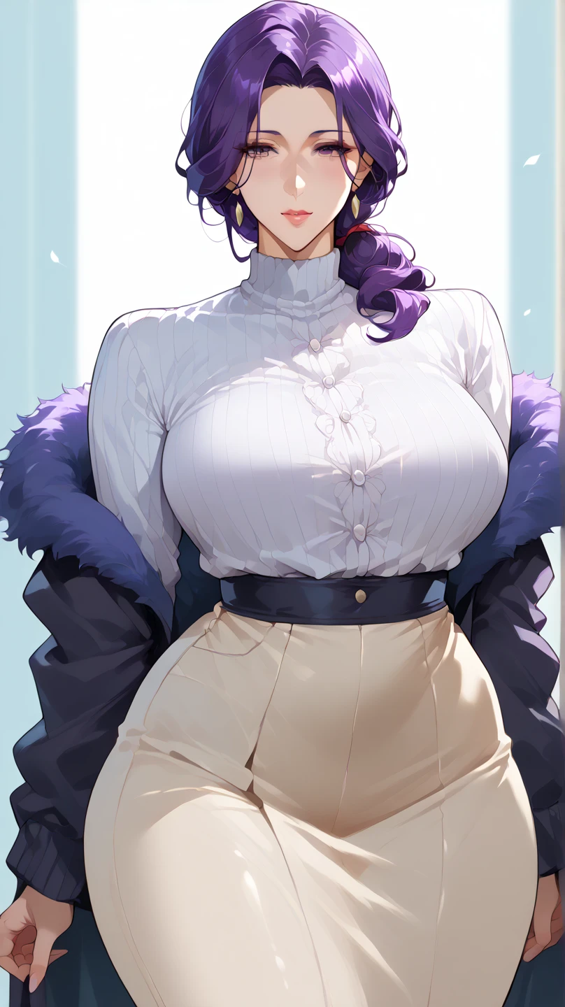 masterpiece, best quality, <lora:EPfeIvy-07:0.7> EPfeIvy, solo, 1girl, purple hair, long hair, purple eyes, mole under mouth, large breasts, patterns, cold, ice, day, arms behind back, wide sleeves, frilled shirt, pants, angry