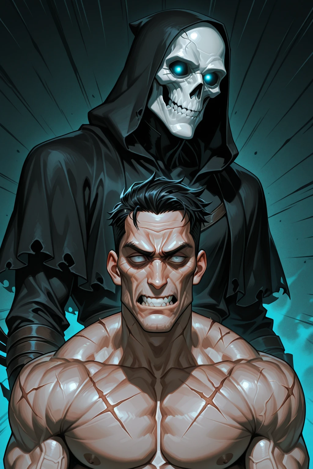 man large, wearing a mask, infected, turning zombie, eyes widen, apocalyptic background, 8k quality, mechete in hand. scars all over body, bite marks, bloody.