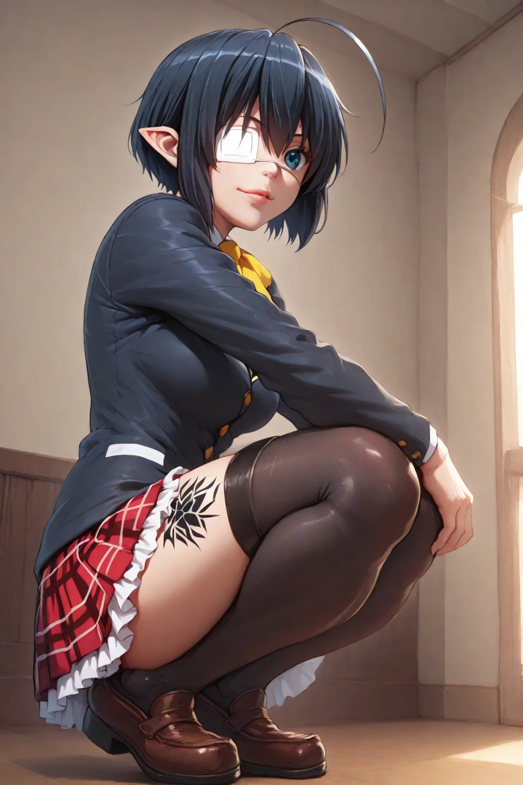 Puedes hacer una chica de pelo chino de pelo negro , con lentes grandes redondos la cuel tengo un uniforme de colegiala , and she masturbating and showing her vagina directly without censorship
