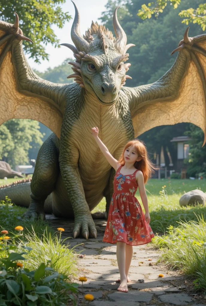 brunette child with straight hair riding on top of a green dragon