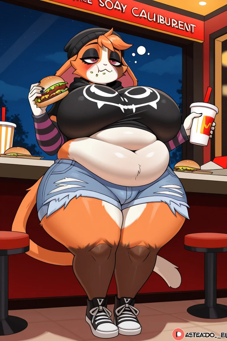 Solo, Score_9, score_8_up, score_7_up, kemono style, Kimiko, An Anthro furry red panda girl, red furry body, red panda tail, , black nose, red hair, braided hair, majestic, long legs, athletic arms and legs, green emerald eyes, toned legs, toned thighs, low angle shot, sitting on a stone ledge, legs crossed, leather boots with heels, armor on boots, short gauntlet with armor, dress shirt with sleeves rolled up, unbuttoned shirt, cleavage, tan investigator coat, long coat, open coat, red hairband, focused frown, starry night, city, contemplative, beautiful face, beautiful fur, eating a burger, tan coat on.