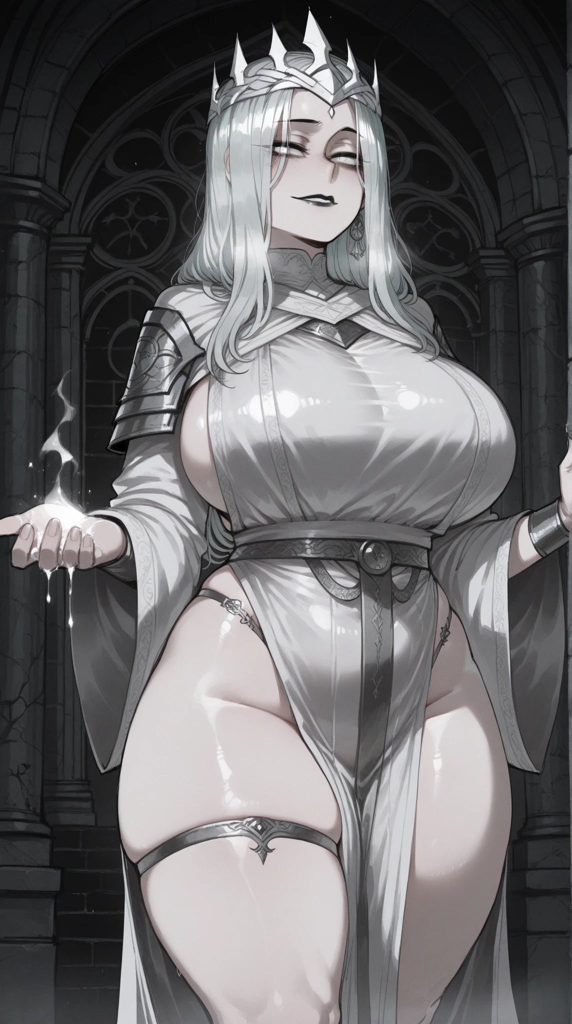 ((masterpiece, best quality:1.4)), illustration, 8k, hd, cowboy shot, anime style, detail face, detail eyes, necromancer girl, tomb, black robe, black royal dress, (massive boobs), massive ass, short white hair, green eyes, mature, evil smiling, glowing eye, (royal white crown with jewels, bone shoulder armour, jewels), (holding skeleton staff, skeleton stuff with green crystal), skeleton armour