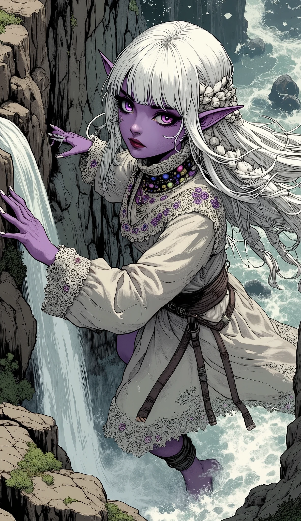 (A fusion of Ukiyo-e and dark fantasy. Aesthetic and gothic digital art. Illustrations are drawn from the viewpoint of looking up from an angle.) BREAK (White hair. Blunt bangs. White eyebrows. Long white eyelashes. Almond-shaped eyes. Lavender eyes. Dark, thick eyeliner. Small pink lips. Slightly pointy ears. Dark purple skin. Thin limbs. Thin fingers. White fingernails. One thumb and four fingers accurately drawn.) BREAK (The scene is set in a steep valley in medieval Switzerland. The river's cold water rushes through the steep rock cliffs on both sides, creating a violent, muddy river. A white smoke is floating in the air. Droplets of water glistened in the morning sun and appeared to glow in rainbow colors. A female dark elf ranger turns to the side and, in a daring pose, grabs a handhold on a cliff, tiptoes over a hollow, and climbs up a steep rocky cliff, soaking wet, beside a cascading waterfall. The woman wears a light gray linen smock dress with embroidered violets on a choker of mixed blue and gold beads, and a large piece of thin, sheer, vermilion lace cloth made in Switzerland is elegantly wrapped around her waist. Pure white seabird feathers are braided into her hair.)
