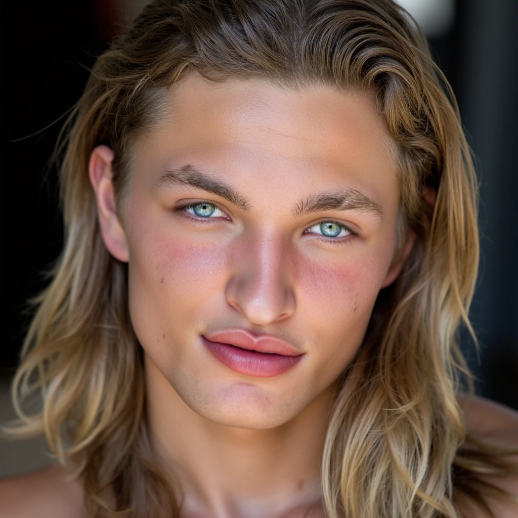 18 year old boy, blond hair, blue eyes at the beach, full body
