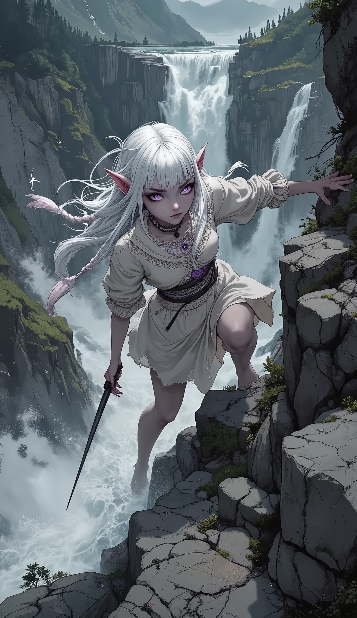 (A fusion of Ukiyo-e and dark fantasy. Aesthetic and gothic digital art. Illustrations are drawn from the viewpoint of looking up from an angle.) BREAK (White hair. Blunt bangs. White eyebrows. Long white eyelashes. Almond-shaped eyes. Lavender eyes. Dark, thick eyeliner. Small pink lips. Slightly pointy ears. Dark purple skin. Thin limbs. Thin fingers. White fingernails. One thumb and four fingers accurately drawn.) BREAK (The scene is set in a steep valley in medieval Switzerland. The river's cold water rushes through the steep rock cliffs on both sides, creating a violent, muddy river. A white smoke is floating in the air. Droplets of water glistened in the morning sun and appeared to glow in rainbow colors. A female dark elf ranger turns to the side and, in a daring pose, grabs a handhold on a cliff, tiptoes over a hollow, and climbs up a steep rocky cliff, soaking wet, beside a cascading waterfall. The woman wears a light gray linen smock dress with embroidered violets on a choker of mixed blue and gold beads, and a large piece of thin, sheer, vermilion lace cloth made in Switzerland is elegantly wrapped around her waist. Pure white seabird feathers are braided into her hair.)