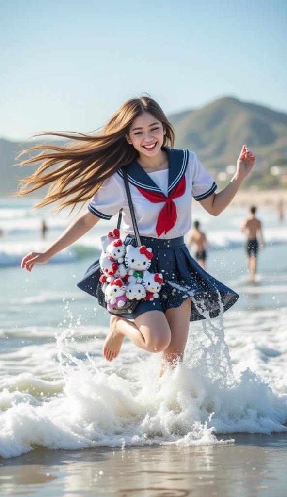 (realisitic,Photorealsitic:1.4),(1 Beauty:1.3),(beautiful countenance:1.5),Detailed shiny skin,A detailed eye,Precise hands and fingers,8K HDR, , masterpiece, (Dynamic angle footage),电影灯光, Finely drawn backgrounds,(Southland,the beach,Colorful swimsuit,jetty,splash water,Drenched girl),Beautiful Chinese,tailcoat,red brown hair,Curly hair,Dubai,flower field,Keep running,lean body,