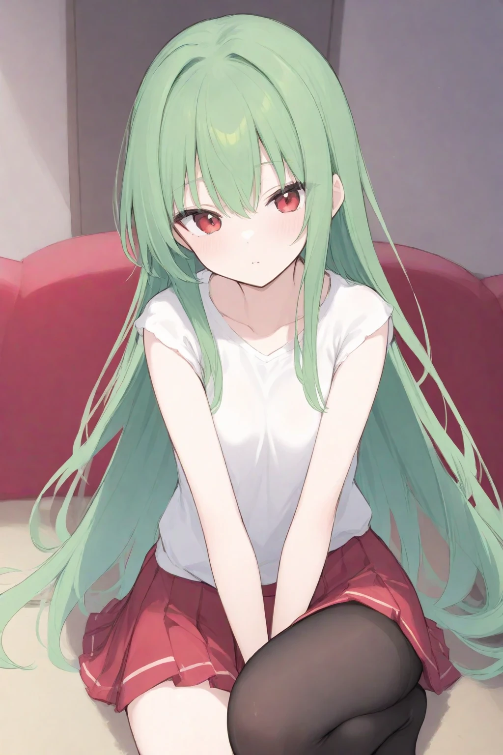 <lora:SayaVN:1> sayavn, green eyes, green hair, very long hair, hair flaps, flat chest, sundress, black ribbon, expressionless, smile, sitting on person, looking at viewer, pov, from below, ceiling,, absurdres, ultra detailed, masterpiece, best quality, aesthetic, detailed,