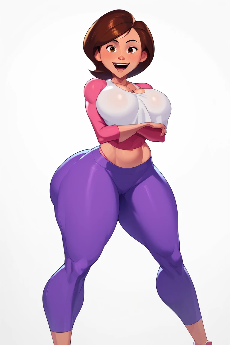 A tough woman attractive sexy horny loving big breast black hair two short pigtails her black eye wears top purple bra shapes spiders shows navel sexy curve and white taekwondo pants big feet wearing black sneakers shined