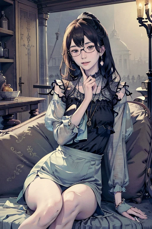 Sitting,hand between legs,maid, Glasses, over-kneehighs,Ahegao , Silly,Sexual ecstasy,Drunken eyes,Blunt bangs, Black hair,(masutepiece:1.2, Best Quality), (finely detailed beautiful eye: 1.2), (Detailed background,Dark Fantasy), (beautifull detailed face), High contrast, (Best Illumination, extremely delicate and beautiful), ((Cinematic Light)), Colorful, Hyper Detail, Dramatic light, Intricate details,