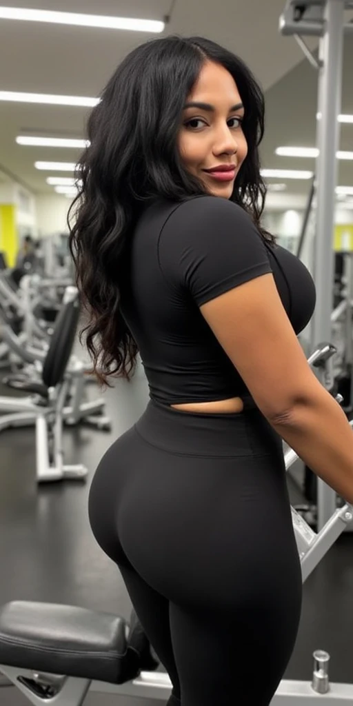 Indian women,30 year old, bright black lipstick on lips,gym women,big and voluptuous breasts, gigantic and enormous butt, thickest thigh,huge knockers,widest hips, lowest waist,slim tummy,huge bust, wearing a tight grey gym shorts and top,at gym showing her butt and boob