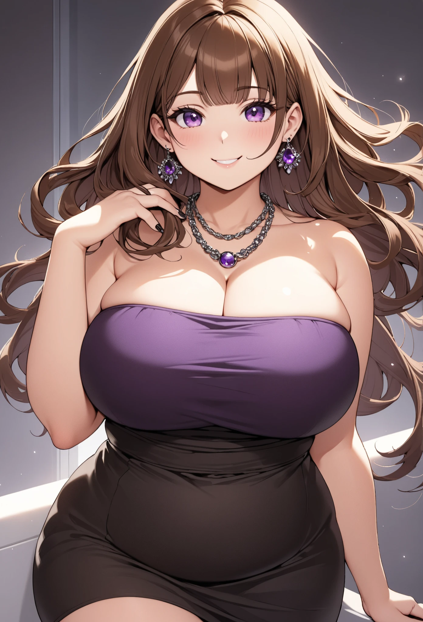 Detailed face, Fine grain, Nikolima, One girl, alone, White swimsuit, Purple eyes, Long Hair, Hair on one eye, Earrings, Brown Hair, jewelry, whole body, whole body shot, (Are standing:1.2), View your viewers, Cleavage, blush, very Long Hair, Huge breasts, Narrow waist, Skin tension, Chest skin dents, Fascinating, :3, Detailed hair, one piece, Black Dress, Inside the ballroom, Round Glasses, Conceit  