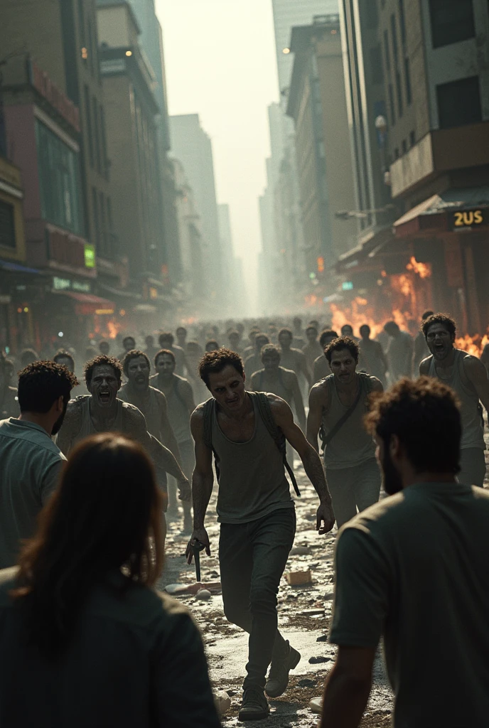 Generate an image of a chaotic scene on a city street where zombies are in various states of movement. Focus on one white male with black hair who is running towards the camera, trying to escape from the zombies chase. Full body shot. The buildings in the background are intact but the atmosphere conveys urgency and danger. The streets are in a mess with debris, garbage, and blood