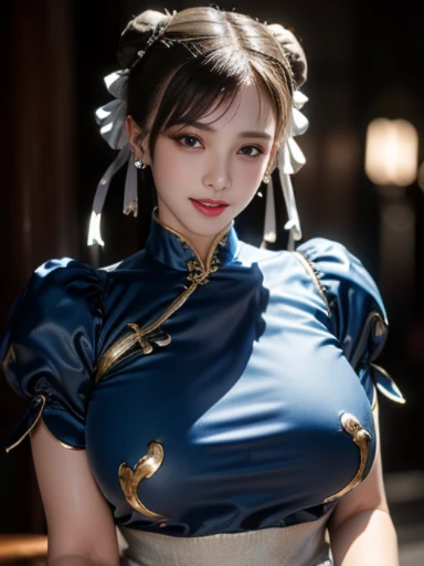 Chun-Li from Street Fight II,The perfect Chun-Li costume,Blue Chinese dress with gold lines,Bun Head,Good cover,Fighting Pose,masterpiece、1 beautiful girl、Fine Eyes、Puffy eyes、highest quality, 超High resolution, (reality: 1.4), Cinema Lighting、Japanese、Asian Beauty、Korean、so beautiful、Beautiful Skin、Body facing forward、Face close-up、(超reality的な)、(High resolution)、(8k)、(Very detailed)、(美しくFine Eyes)、(Very detailed)、 (wall-)、Detailed face、Bright lighting、Professional Lighting、Looking at the audience、Look straight ahead、Diagonal bangs、Nogizaka Idol、Korean Idol、masterpiece, highest quality, masterpiece, highest quality, Perfect Face, Perfect brown eyes with white sclera, Bad move -5, alone, 1 girl, Upper Body, Brown Hair, From SF2, Chinese Language Services, smile, Muscular woman, Blue clothes, pantyhose, Pelvic Curtain, Puff short sleeves, Good cover, sash, evaluation:safety