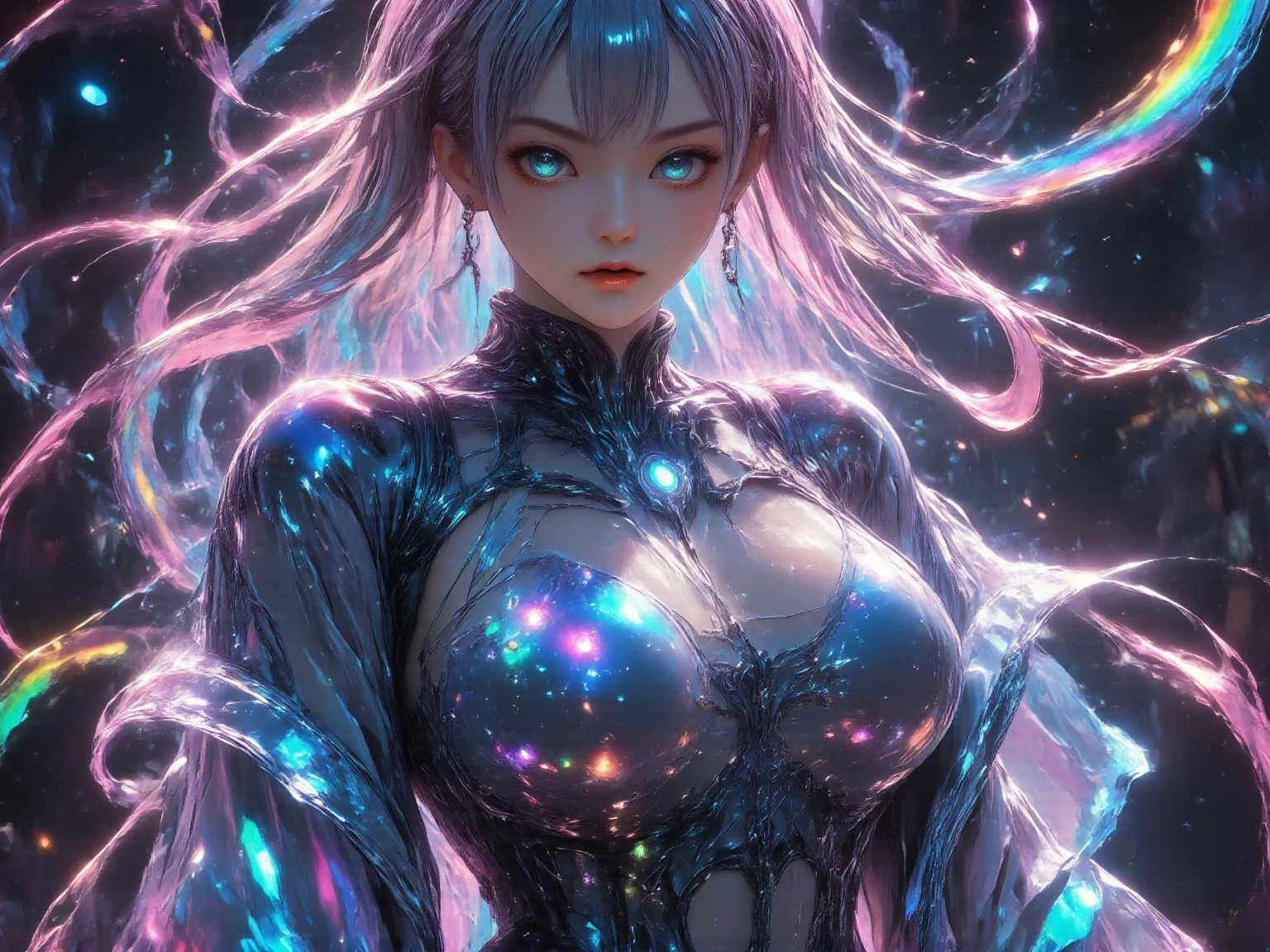 crystal covered, upper body, side shot, alternate color, masterpiece, detailed illustration, realistic, pixiv top quality, exquisite, {{{kawaii 1girl}}}, ultra beauties who fuse with machines, elaborate shabby chic pattern, glitter beautiful female, Half of my body is made of machines, transparent glass body, The machines inside the body are transparent, cinematic lighting, dynamic angle, dynamic pose, crystal world, depth of field