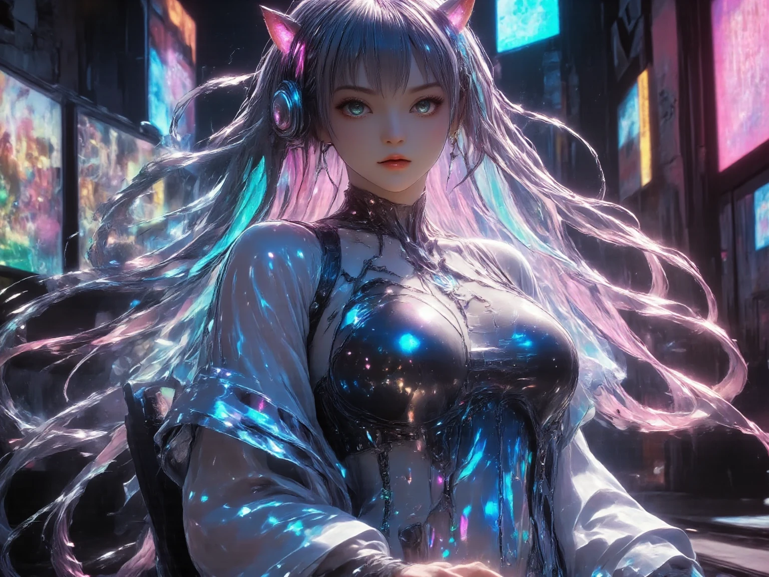 (((masterpiece)))、(((top-quality)))、((ultra-definition))、(High Definition CG Illustration)、((extremely delicate and beautiful))、、Cinematic Light、独奏、full body Esbian、cyberpunked、2070s、Cyber City、animesque、dreamy cyberpunk girl、rainbow hair、in renaissance style、Marie Antoinette style、trending on artstationh、Rachel Walker、