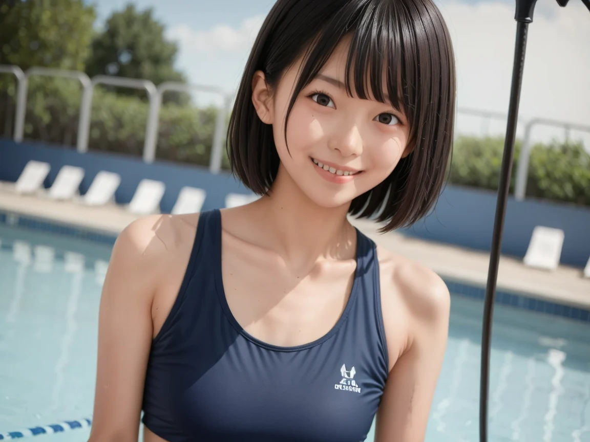 cute, girls, elementary school students, black hair, twin tails, dark blue school swimsuit, medium bust, smile, shiny skin, see-nipples