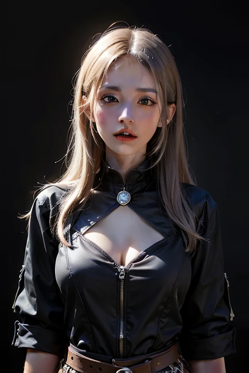 (front focus), (in the dark:1.6), Hyperrealist portrait of female by david hockney and alphonse mucha, fantasy art, photo realistic, dynamic lighting, artstation, poster, volumetric lighting, very detailed faces, 4 k, award winning, 1girl, in the dark, deep shadow, low key, cowboy shot, (official clothing:1.4), long hair, white hair