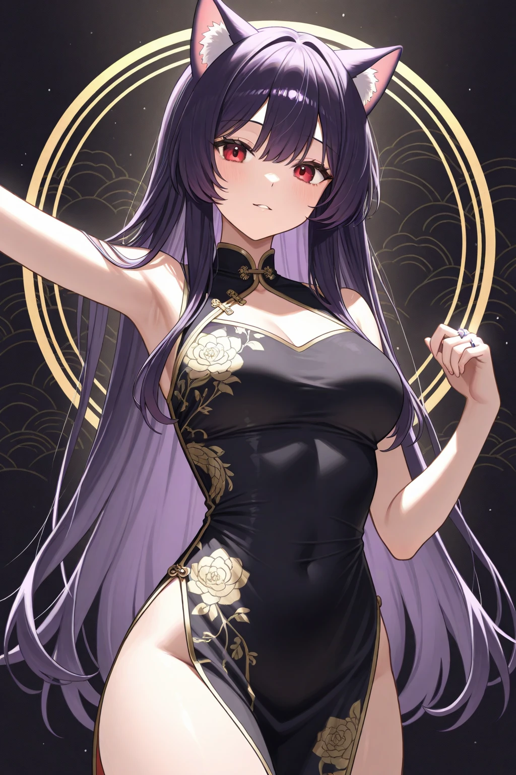 tight cheongsam dress、Deep slit、No sleeve　C Cup、Navel out、tongue out、arms raised above head、Eyes are hearts