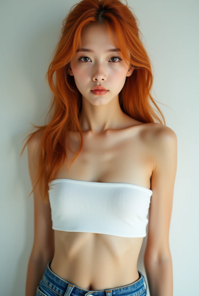 Nsfw、nude、(((1 girl))), ((((alone)))), ((messy hairstyle)), stand and take a photo, (((reddish yellow hair)), red eyes