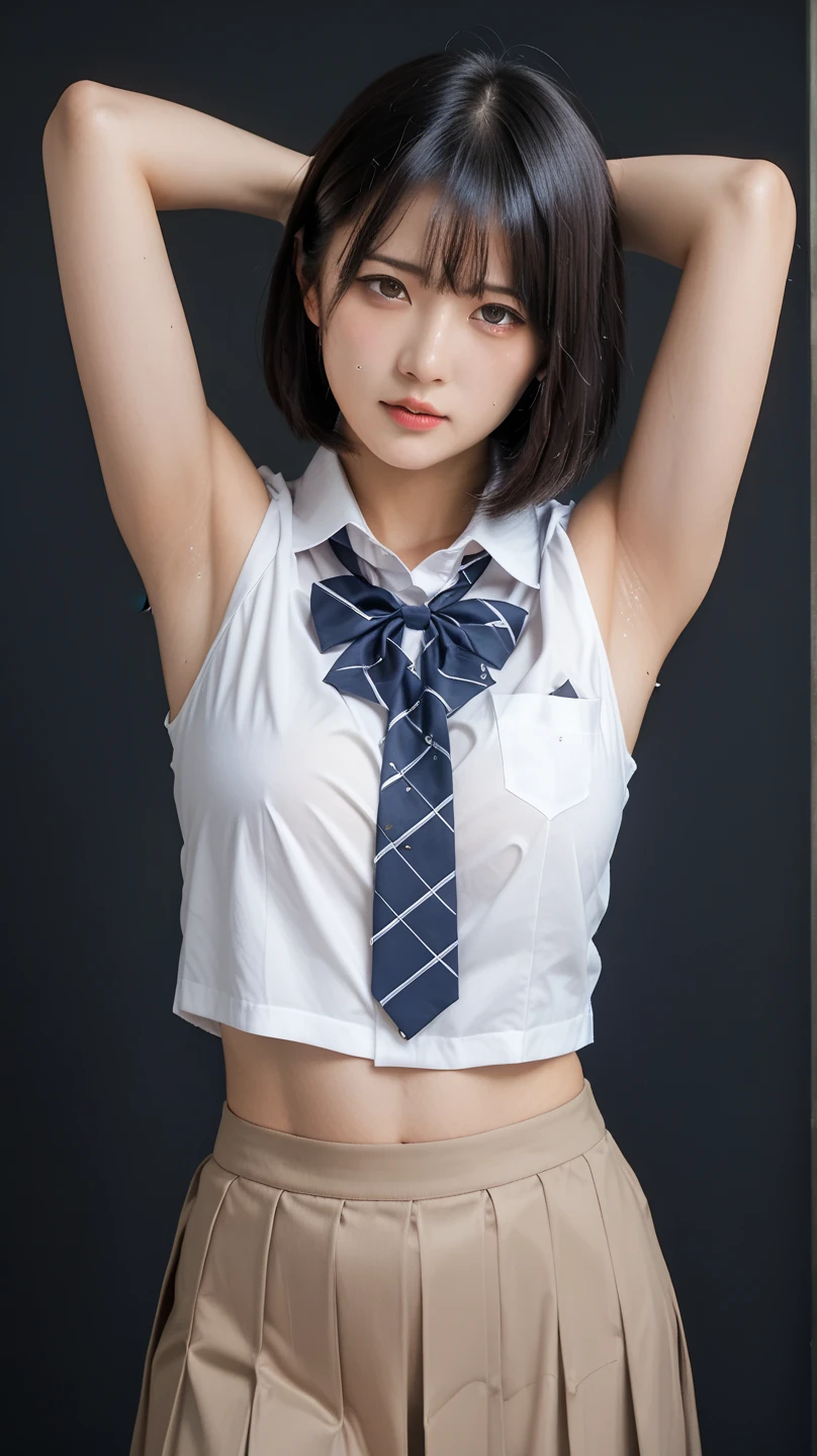 (Best image quality, 4K, high quality, masterpiece:1.2), ((masterpiece)), Attention to detail, high quality, (High resolution,16k, RAW beautiful girl portrait, Best image quality, masterpiece:1.2), (Ultra high definition illustration), office, (((Sleeveless tight sexy collared business shirt,)))beautiful, (18-year-old:1.4), Underarm,((Raise your arms behind your head)),Sweaty arms, face, and Underarm,Smell the Underarm,((Underarm is wet and shiny with sweat,))