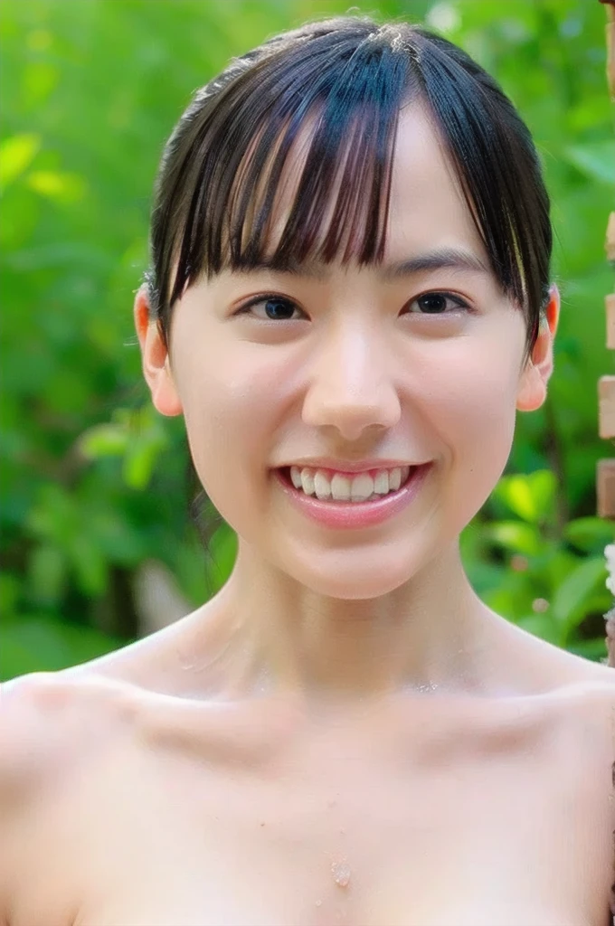 masami nagasawa、Japanese、woman、smile、Cleavage、(topless:1.6),Observe the audience、The background is a forest
