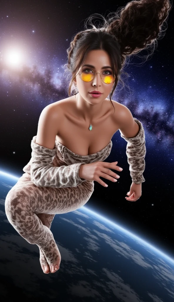 lum,(masterpiece, best quality:1.2), 1girl, solo,front view， smile,realistic，3d，Unreal Engine 5，skin texture，leopard bikini，leopard  leggings，floting，The UFO&#39;s beam of light enveloped her，Background is Galaxy，