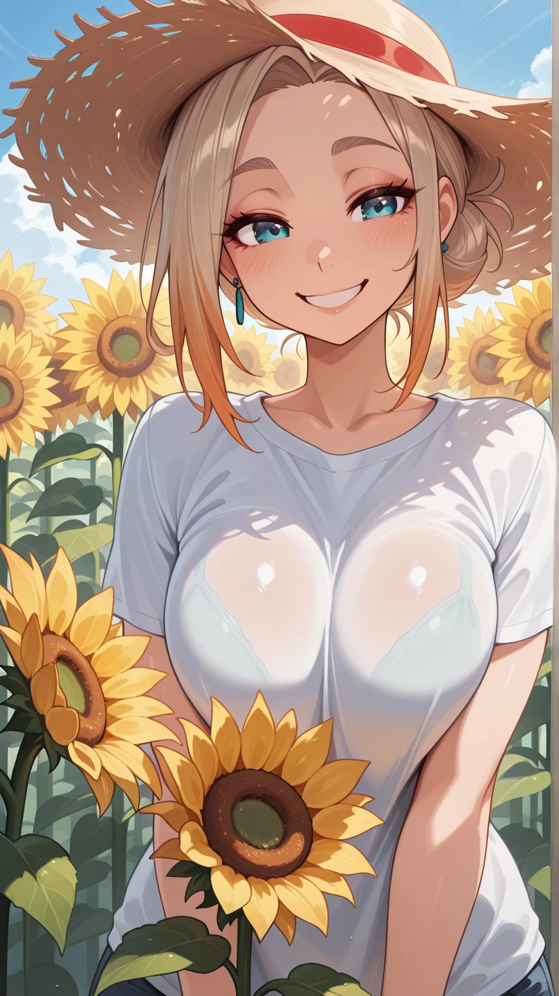 1girl, adult woman, (Naked: 1.4), (Blushing:1.4), (off shoulder red plaid shirt, open lumberjack shirt, completely naked), blushed, Smile, Cowboy Shot, Slim body, Small breast, small boobs, wet, drippimg wet, Full Body, glowing skin, detailed face, detailed eyes, (Detailed background: sunflowers farm, summer time)