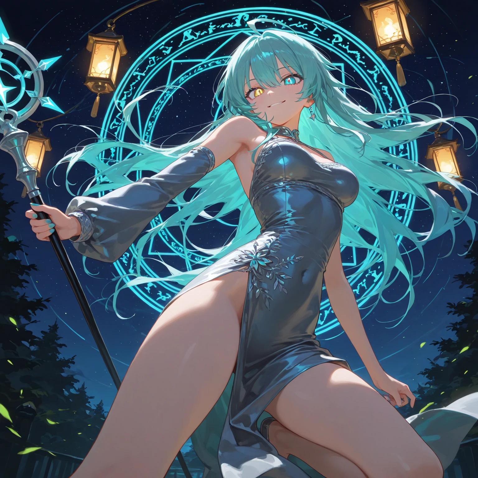 in the woods at night,flying though the air、attacking with magic,Show me your big ass,1 persons,Lolita Face,very large breast,Wizard's attire,holding a magic wand,Green bun hair,A large ribbon in the hair,T-back,