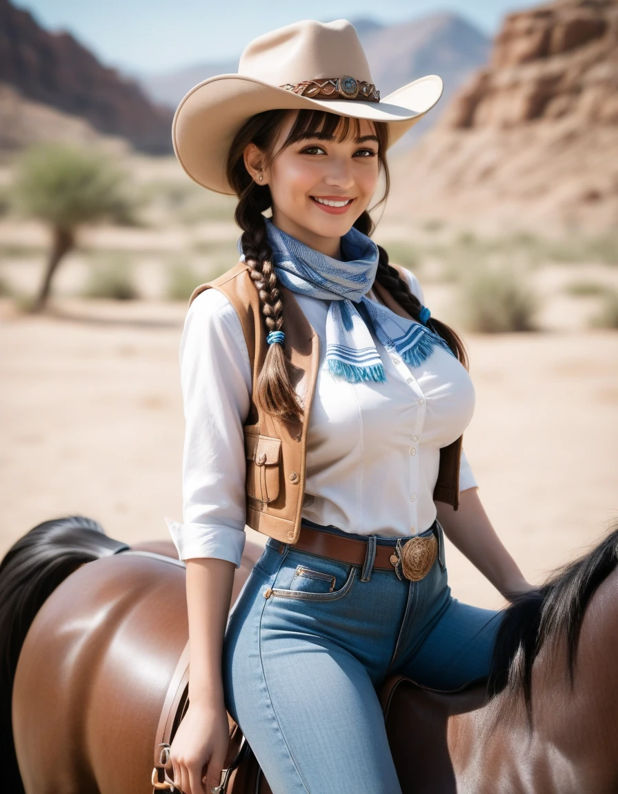 (((((solo))))),(((((masterpiece))))), (((((best quality))))),(((((highly detailed))))), finely detailed, Depth of field,detailed clothes, highres,
1girl, bangs, (beautiful detailed face:1.3), collarbone, collared shirt, ((white shirt)), buttons open to show cleavage, show belly, blue eyes, golden hair, cleavage, ((cowboy)), (cowboy hat:1.3), short gloves. fingerless gloves, hat, medium breasts, navel, neckerchief, red neckerchief, short hair, short shorts, shorts, healthy thighs, gun belt ,cowboy western, sunny desert background, thigh gap